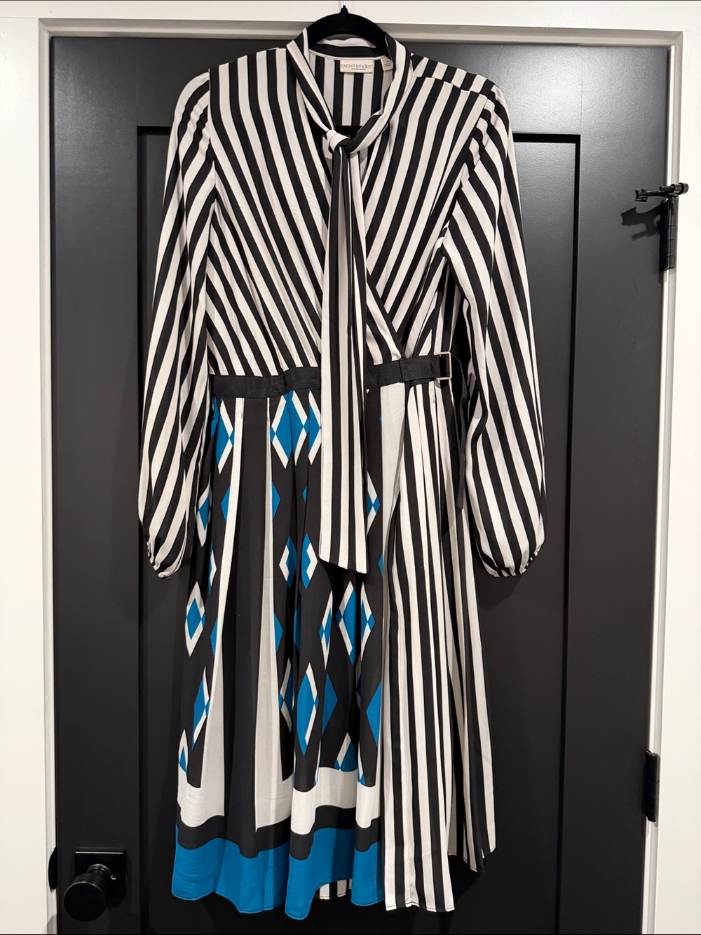 Black & White Stripe Tie-Neck Dress with Blue Accents